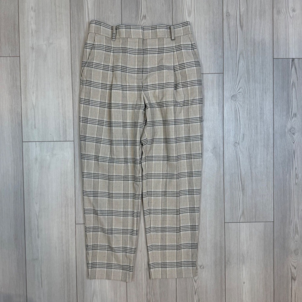 Loft Metallic Plaid Pleated Ankle Pants Tan Black High Rise Trousers 6 760136